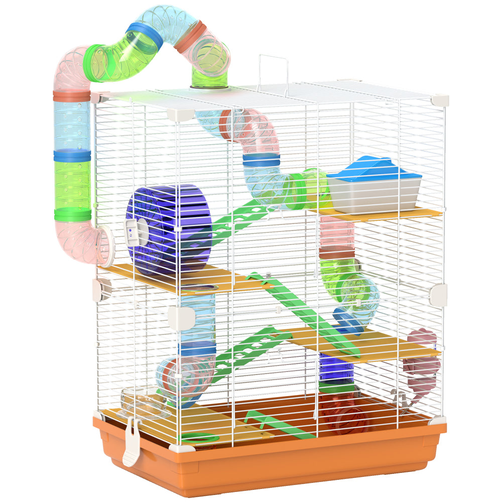 PawHut 18" 5 Tier Hamster Cage with Tubes and Tunnels, Small Animal Cage with Portable Carry Handle, Gerbil Cage with Water Bottle, Food Dish, Exercise Wheel, Orange