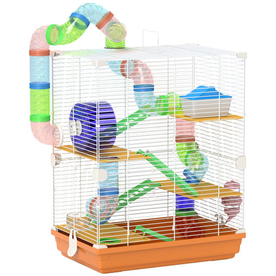 PawHut 18" 5 Tier Hamster Cage with Tubes and Tunnels, Small Animal Cage with Portable Carry Handle, Gerbil Cage with Water Bottle, Food Dish, Exercise Wheel, Orange