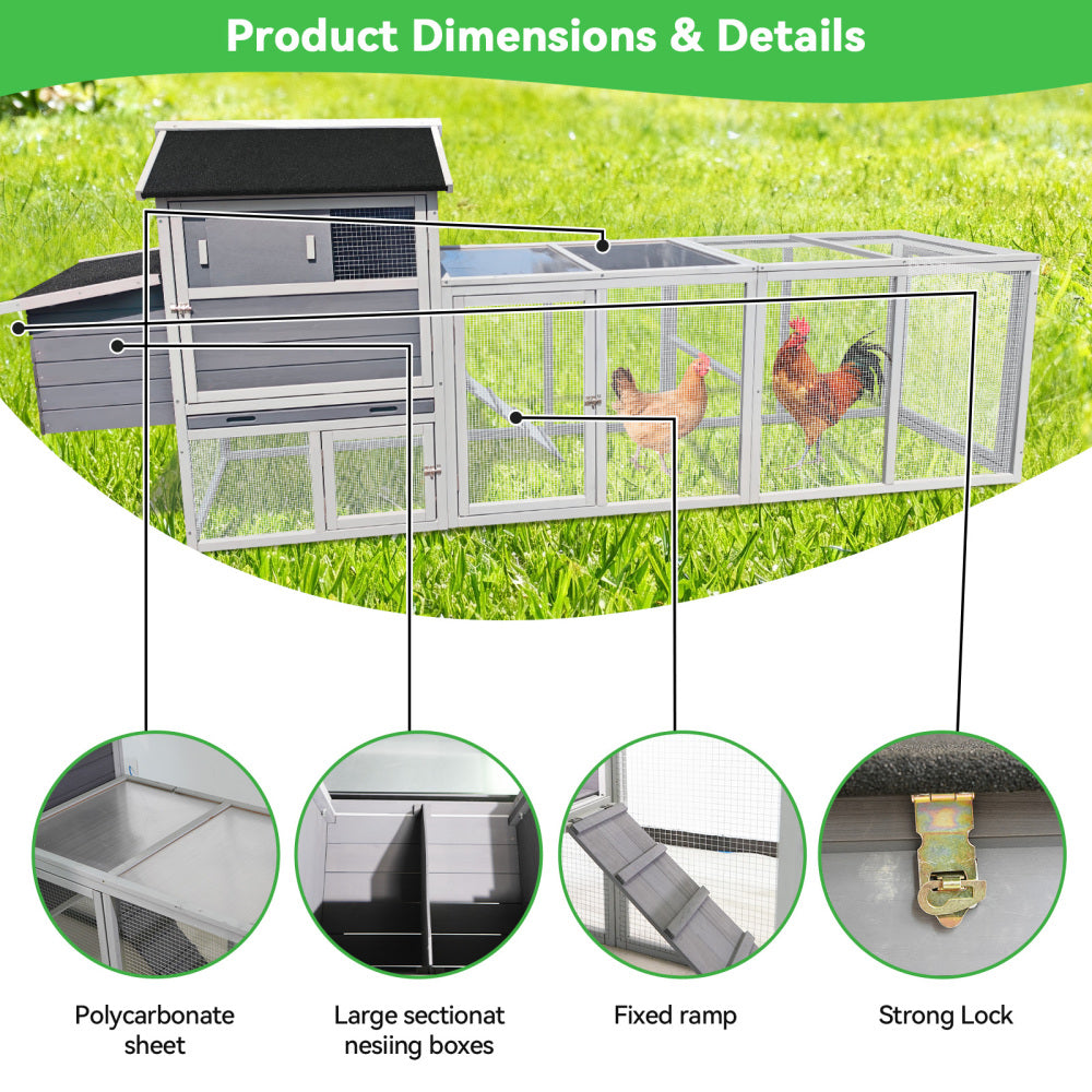 large main house, Gray Wooden Chicken Coop, Large Outdoor Hen House with Run and Nesting Box Poultry Cage, Rabbit Hutch, Waterproof Anti-UV Panel for Backyard