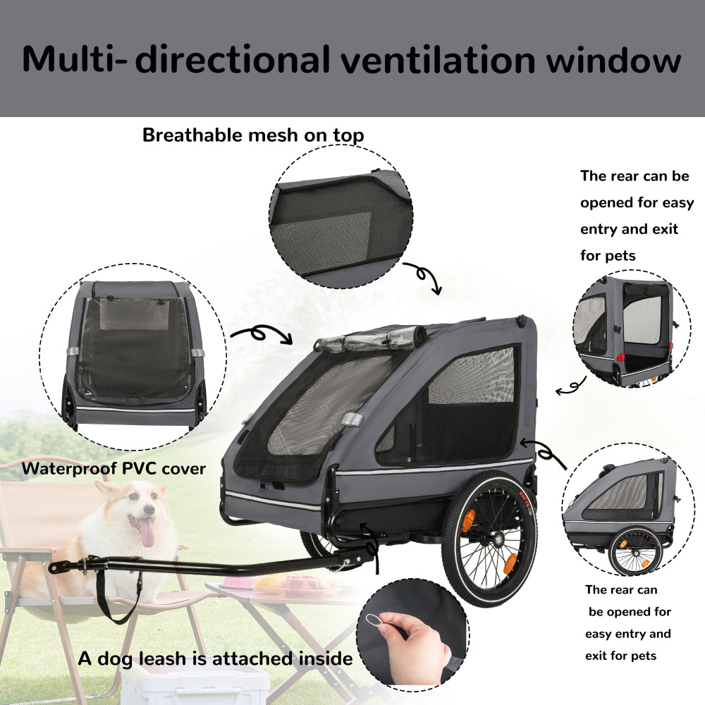 Pet Bike Trailer Dog Cart for Bicycle,Suitable for Small and Medium Pets, Easy Folding Cart Frame, Quick Release Wheel, Non-Slip Floor, Internal Leash, Black+Grey