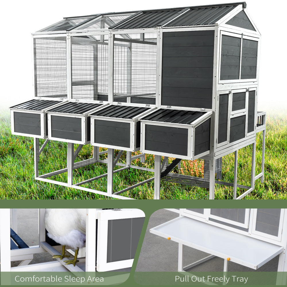 Chicken Coop with Chicken Run, Chicken Coops for 10 Chickens Outdoor with Nesting Boxes , Wooden Walk-in Chicken House with Pull Out Trays , Garden Backyard Cage (95''X80''X83'')