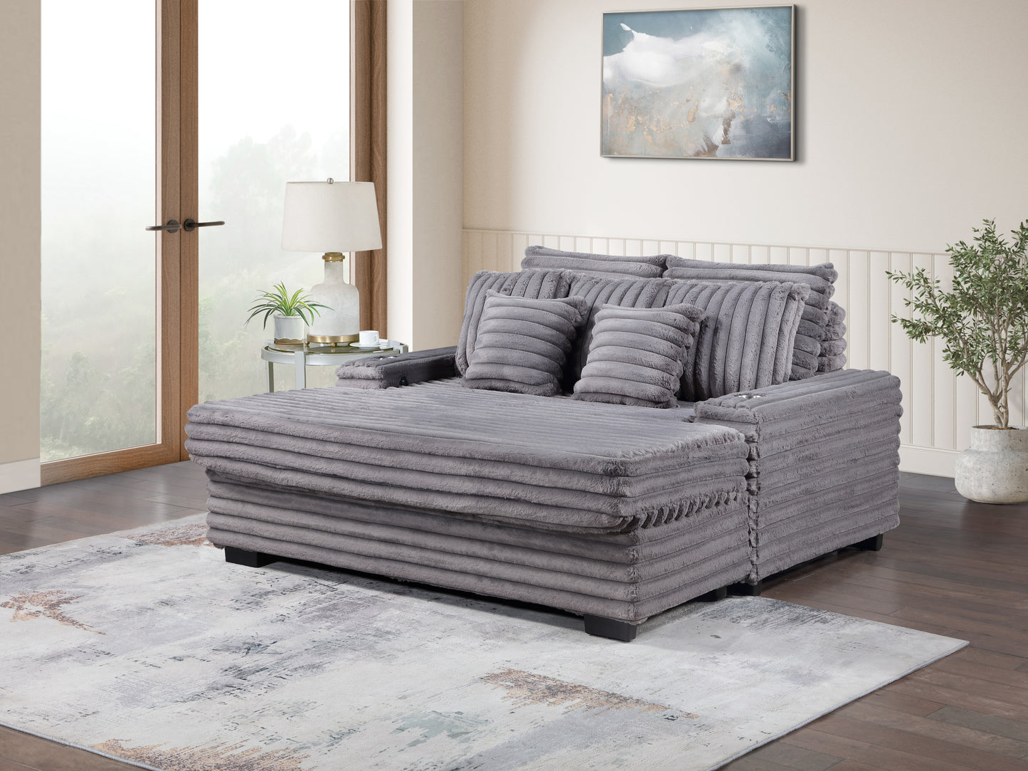 Symphony 67'W Gray Corduroy Oversized Sofa Chaise Lounge Chair with Cupholders and USB Charging Port