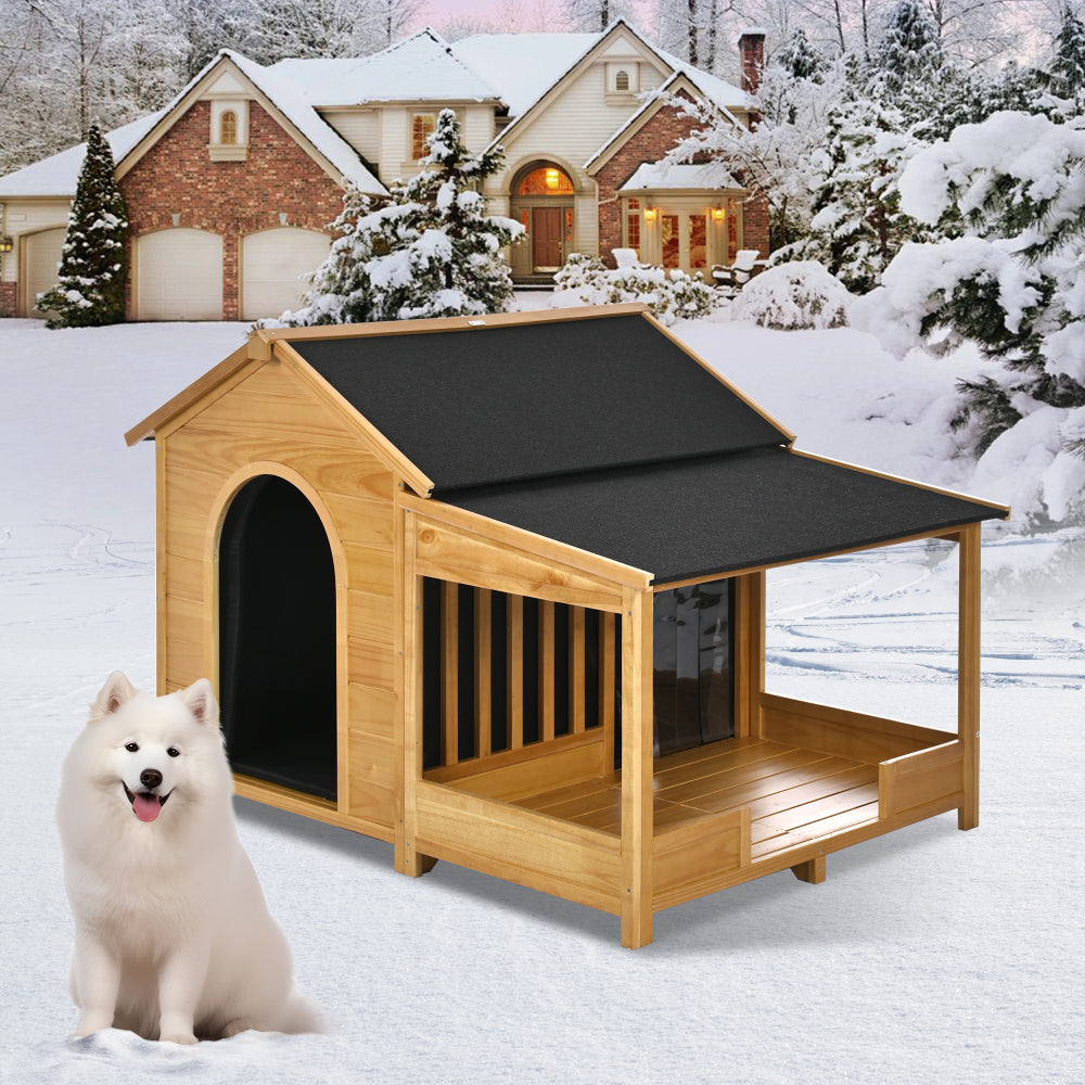 60.2" Large Outdoor Dog House with Insulated Liner for Winter Waterproof Dog Kennel for Medium & Large Dogs, Dog House with Porch and Asphalt Roof and Elevated Floor, Nature