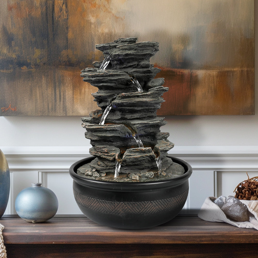 6-Tiered Resin Stacked Rock Indoor Tabletop Fountain-15.7"H