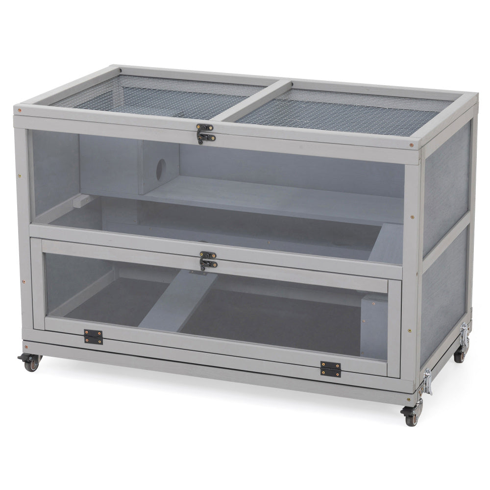 Wooden Hamster Cage, Gerbil Cage Enclosure with Tunnels, Detachable Tray, Wheels, Openable Top & Front, Small Animal Hutch for Mice, Rat, Gray
