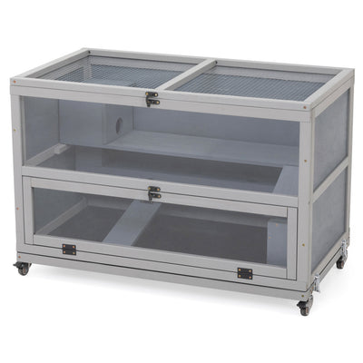 Wooden Hamster Cage, Gerbil Cage Enclosure with Tunnels, Detachable Tray, Wheels, Openable Top & Front, Small Animal Hutch for Mice, Rat, Gray