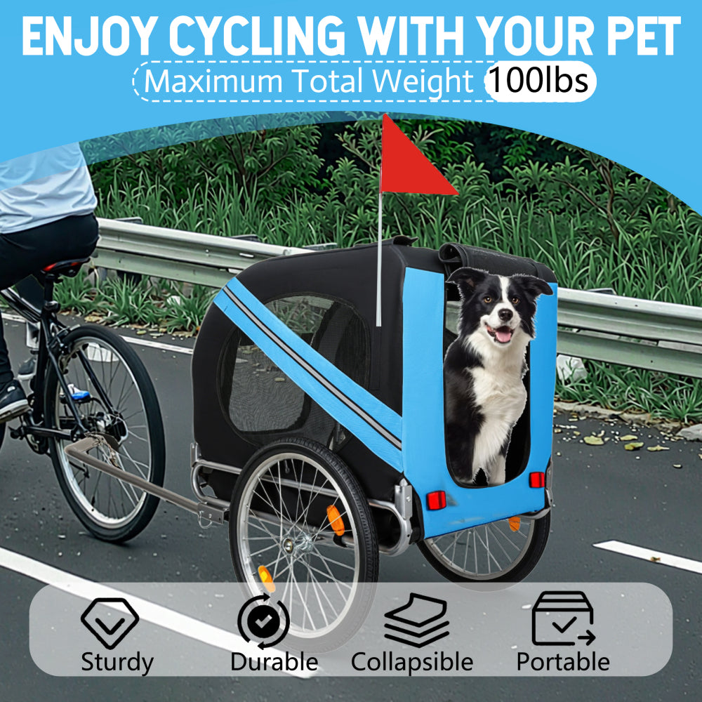 Large Folding Bike Trailer for Dogs – 100LB Capacity All-Terrain Pet Carrier, Durable Steel Frame for Cycling, Jogging, Camping & Outdoor Adventures, Black- Blue