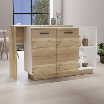 Kitchen Island, Double Door Cabinets, Two External Shelves, Three Shelves, White / Light Oak