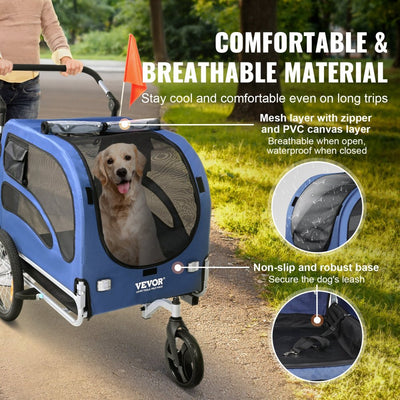 Dog Bike Trailer, Supports up to 100 lbs, 2-in-1 Pet Stroller Cart Bicycle Carrier, Easy Folding Cart Frame with Quick Release Wheels, Universal Bicycle Coupler, Reflectors, Flag, Blue/Black