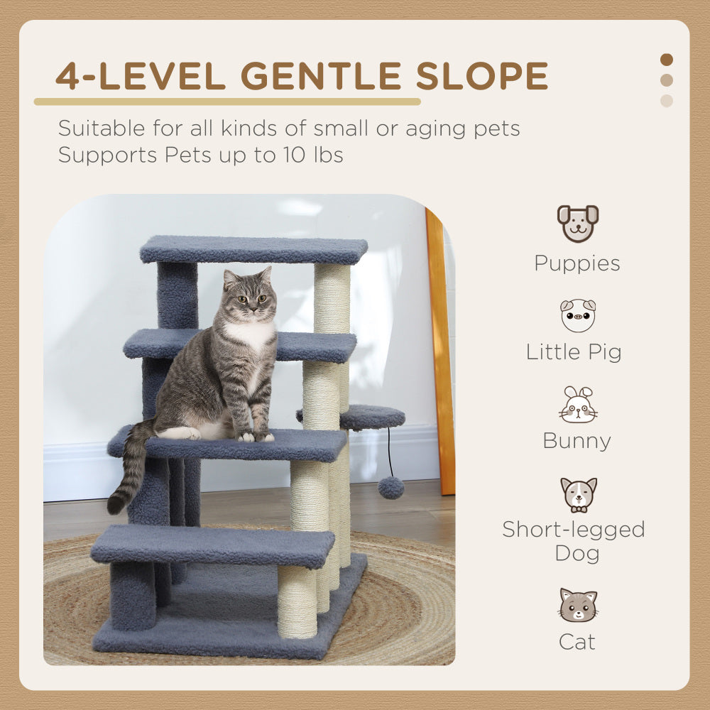PawHut 4 Levels Cat Steps, Pet Stairs Carpeted Ladder, Kitten Tree Climber with Scratching Posts, Hanging Play Ball, Side Step, for High Bed, Sofa, Gray