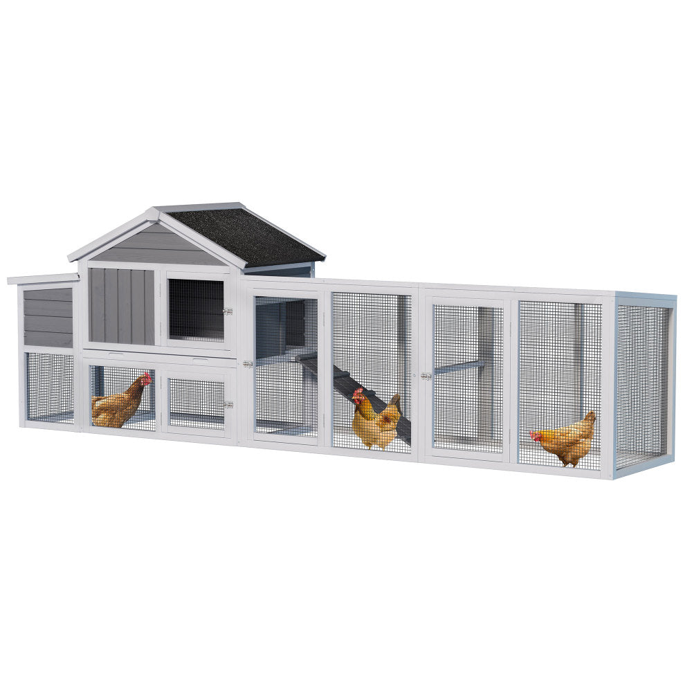 113.5" Gray Large Wooden Chicken Coop Outdoor Hen House with Run, Waterproof Anti-UV Panel & Nesting Box, Secure Lock, Removable Tray  for 2–4 Chickens or Small Animals