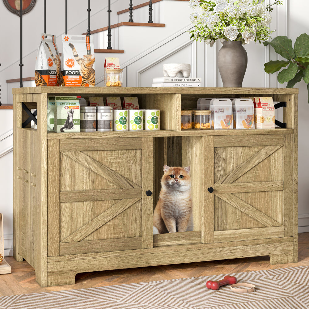 Cat Litter Box Enclosure, Indoor Hidden Cat Litter Box Furniture with 2 Drawers and Door, Cat House End Table for Living room, White and Brown