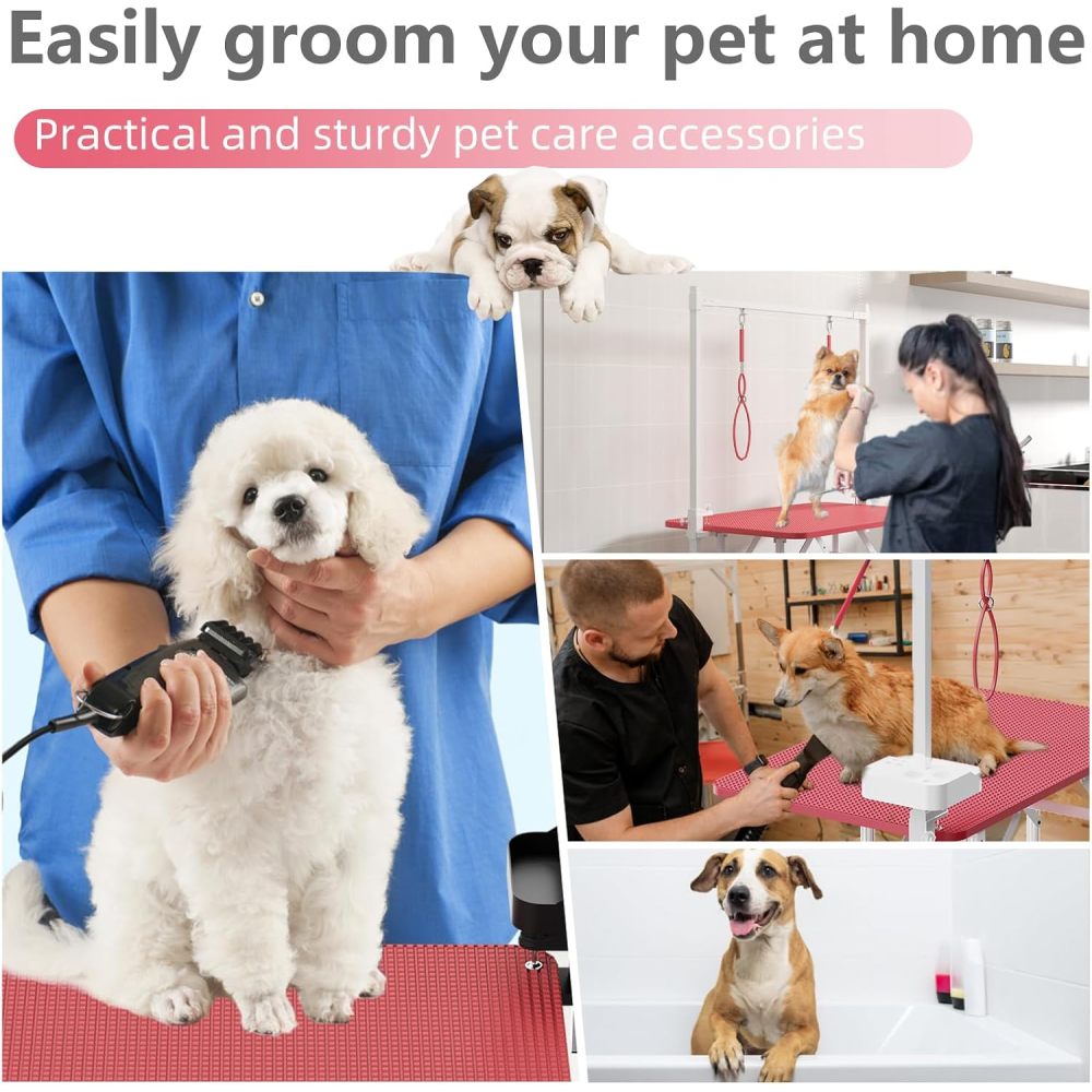 36''Large Dog Grooming Table, Foldable Pet Station at Home, Dog Grooming Table,Adjustable Cat Drying Desktop with Arms, Nooses, Mesh Tray (36Inch Pet Grooming Table Pink)