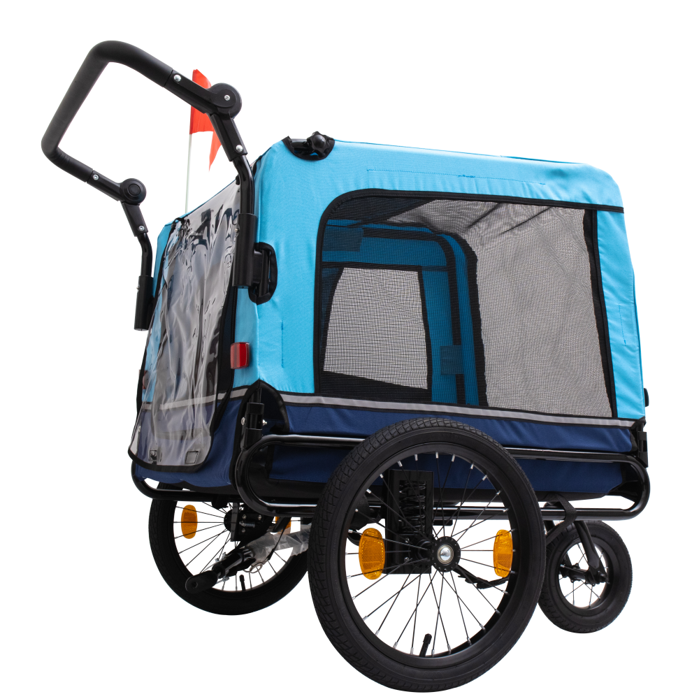 2-in-1 Bike Trailer & Push Cart for Pets - Detachable Bike Hitch & Push Handle Included - All-Terrain Wheels, Quick Release Wheel, Non-Slip Floor, Internal Leash, Holds Pets Up to 88 lbs, Blue