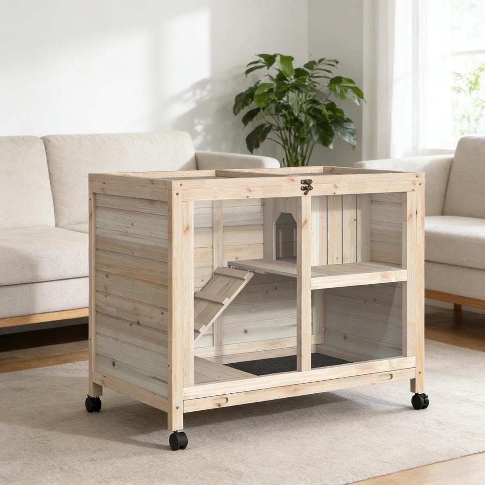 Bunny Cage with Wheels,Small Rabbit Hutch,Spacious Pet House