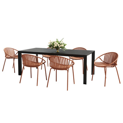 Modern Outdoor Metal and Polypropylene 7-Piece Dining Set with Stackable Chairs, Black and Orange