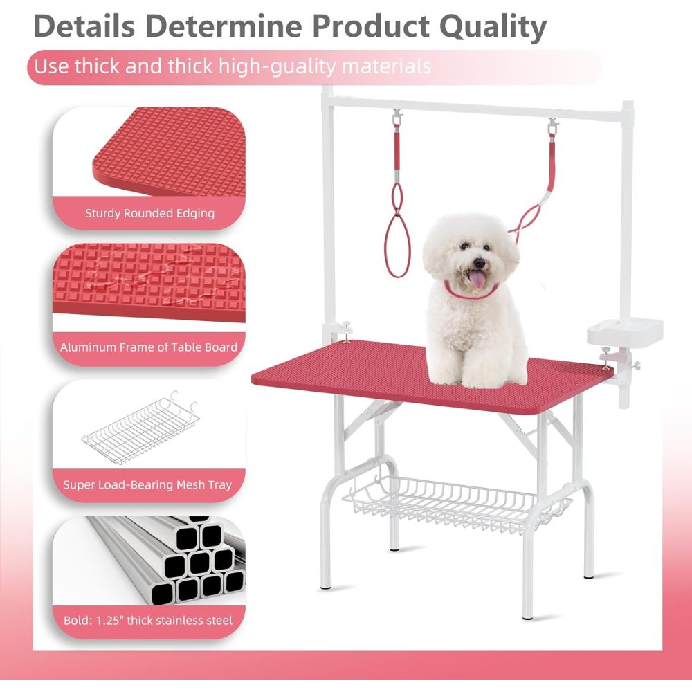 36''Large Dog Grooming Table, Foldable Pet Station at Home, Dog Grooming Table,Adjustable Cat Drying Desktop with Arms, Nooses, Mesh Tray (36Inch Pet Grooming Table Pink)