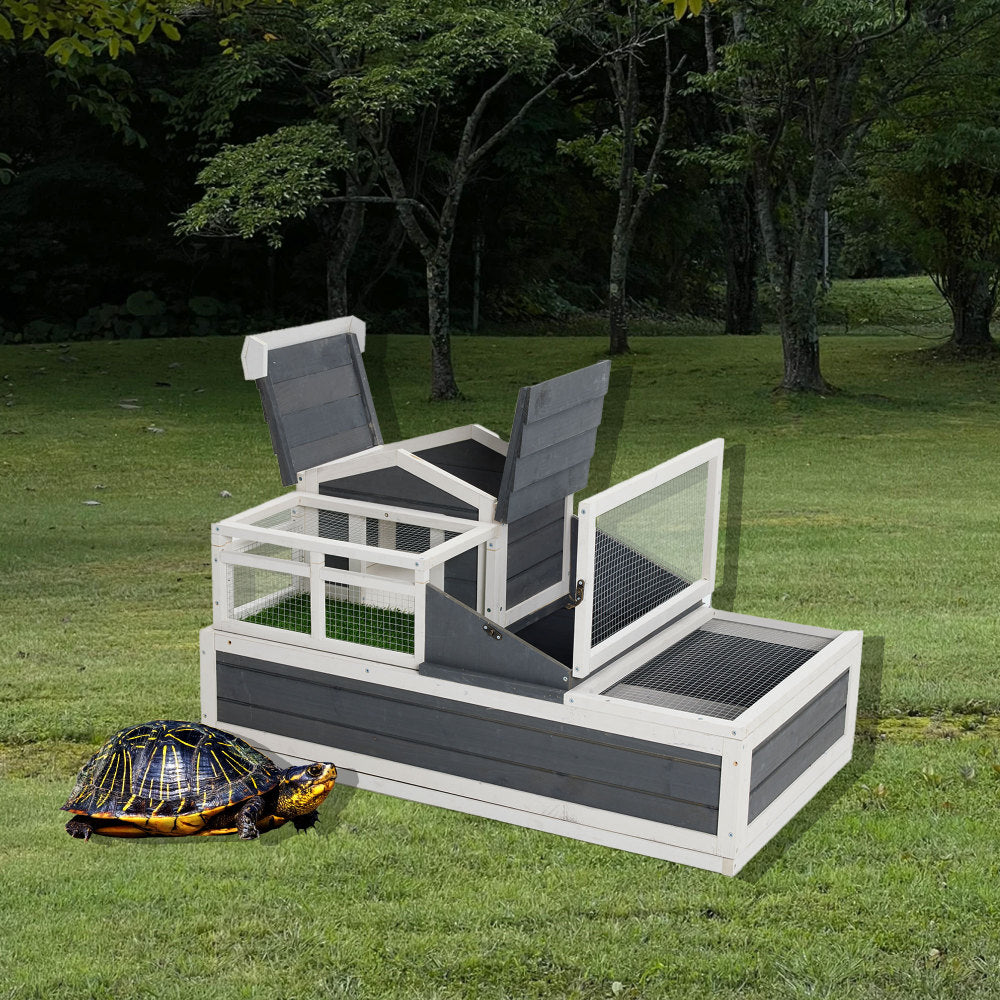 3-Room Tortoise House Habitat with Turf Balcony & 2 Stories, Indoor/Outdoor Wooden Tortoise Enclosure with Ladder, Tray, Openable Roof, Large Reptile Cage