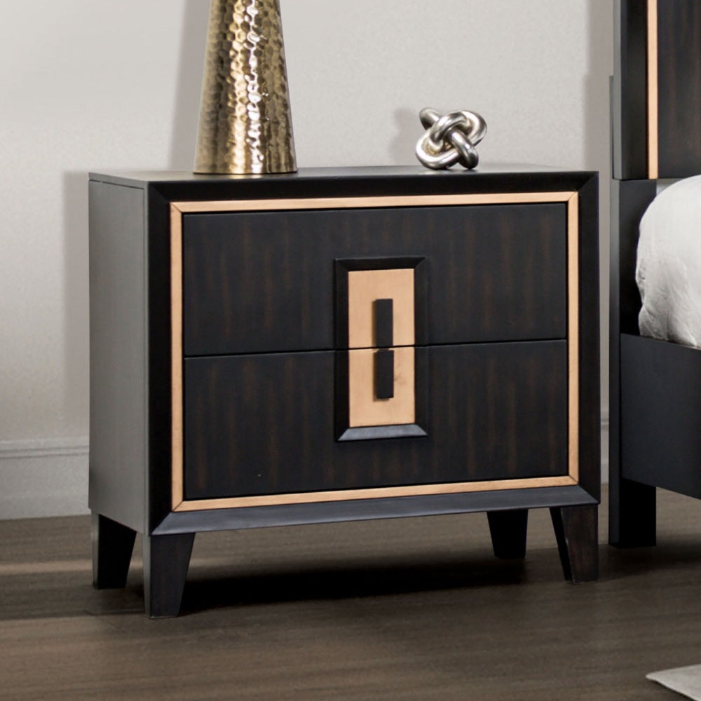 SunJet Modern Espresso Bedside Table Bedroom Furniture 1pc Nightstand Gold Accent Trim Wooden Finger Pull
