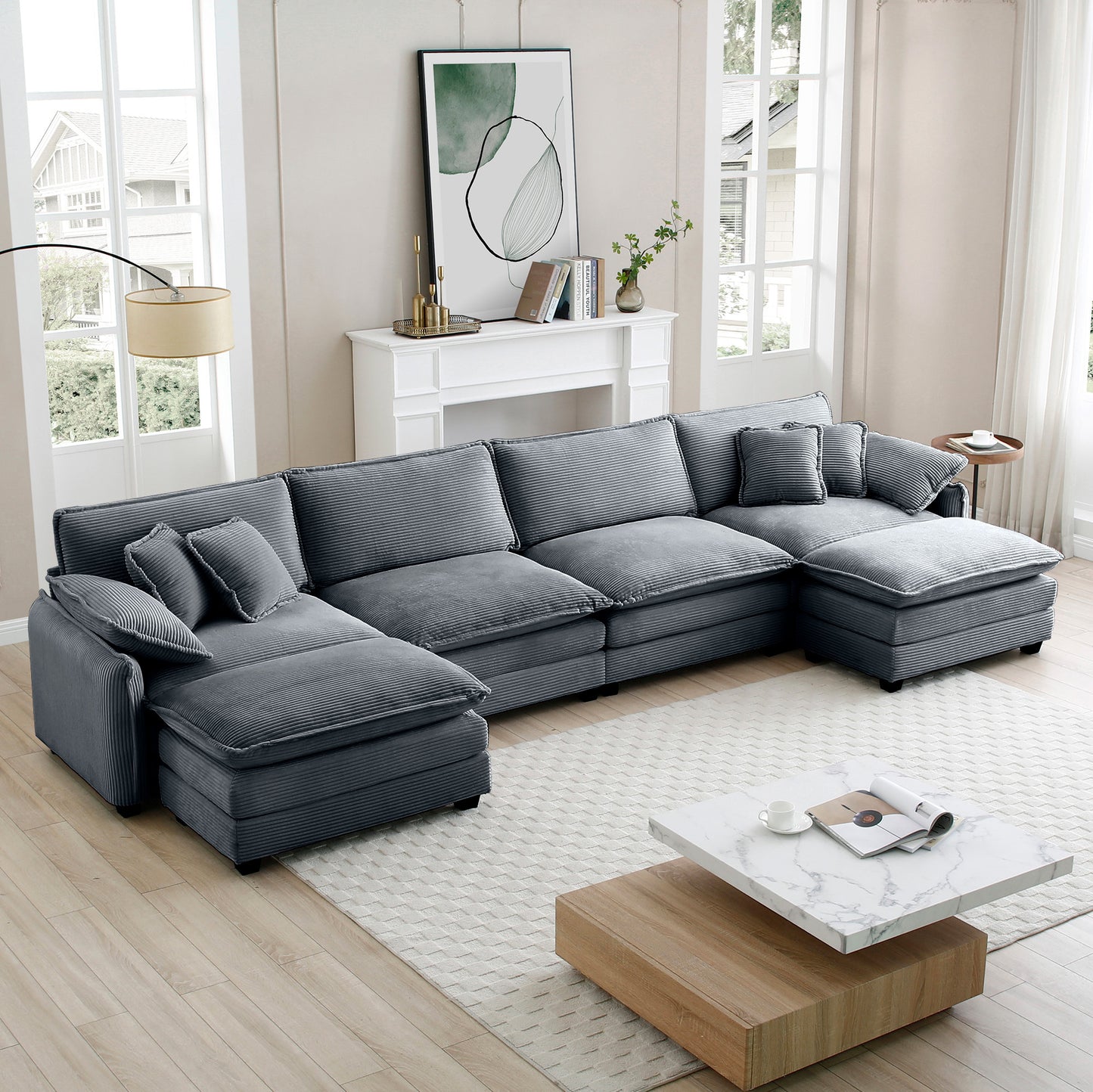 Over size U Shape Corduroy Sofa , Modern Upholstered 4 Seater Sofa with 2  Ottomans,  Premium Soft Corduroy Fabric Sofa