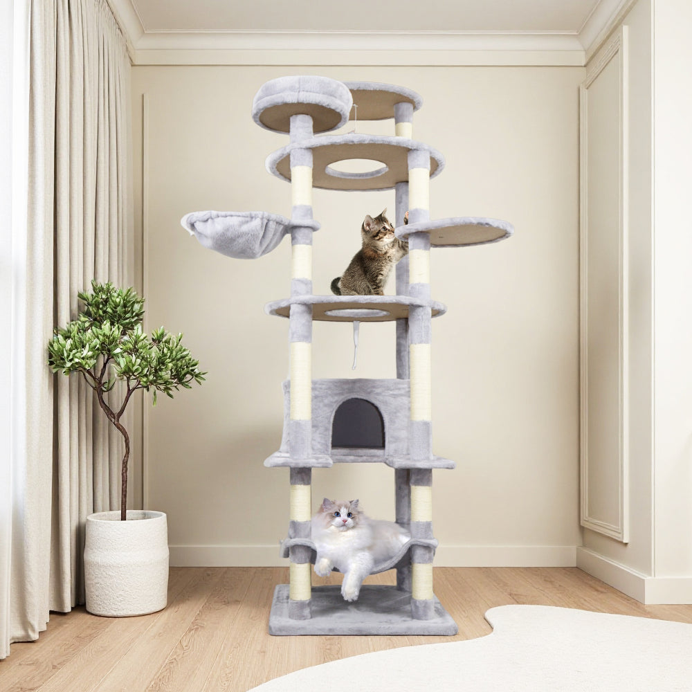 84.6 in Dark Gray Cat Tree Tower with Wide Base, 3 Large Hinding Condo,  11 Sisal Scratching Post, Sisal Scratching Ladder,  2 Hammocks, Large Top Platform,  Many landing Perch and Interactive toy