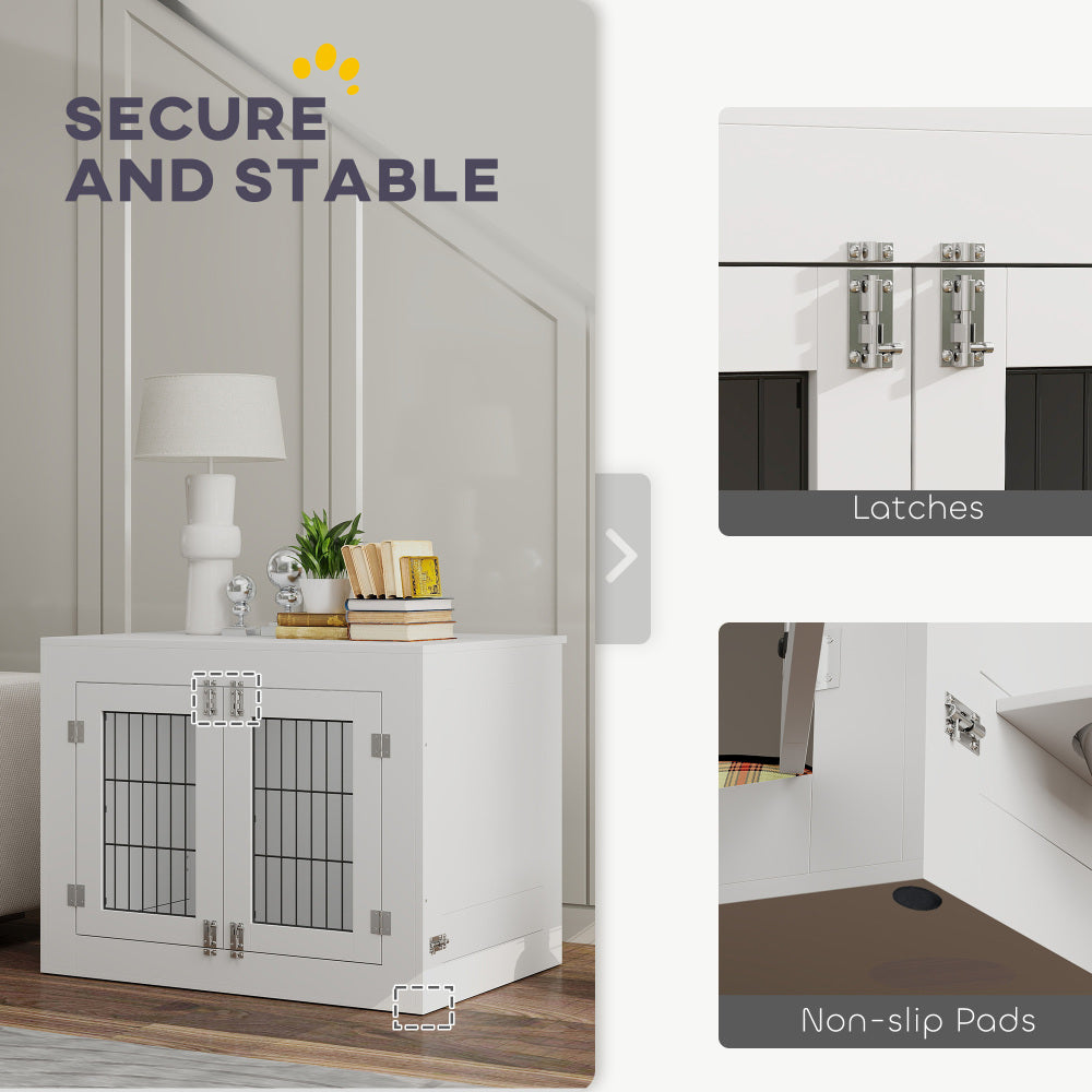 Dog Crate Furniture with 360° Rotatable Removable Dog Bowls, White