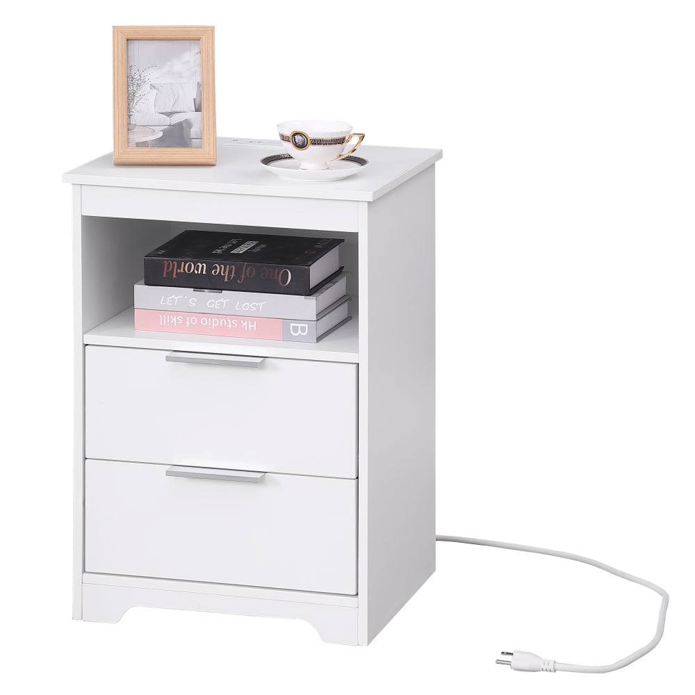 SunJet Nighstand With 2 Drawers,End Table,Nightstand with Open Space,Golden Handle,Morden Design,For Living Room,Bedroom,Easy Assemble,White