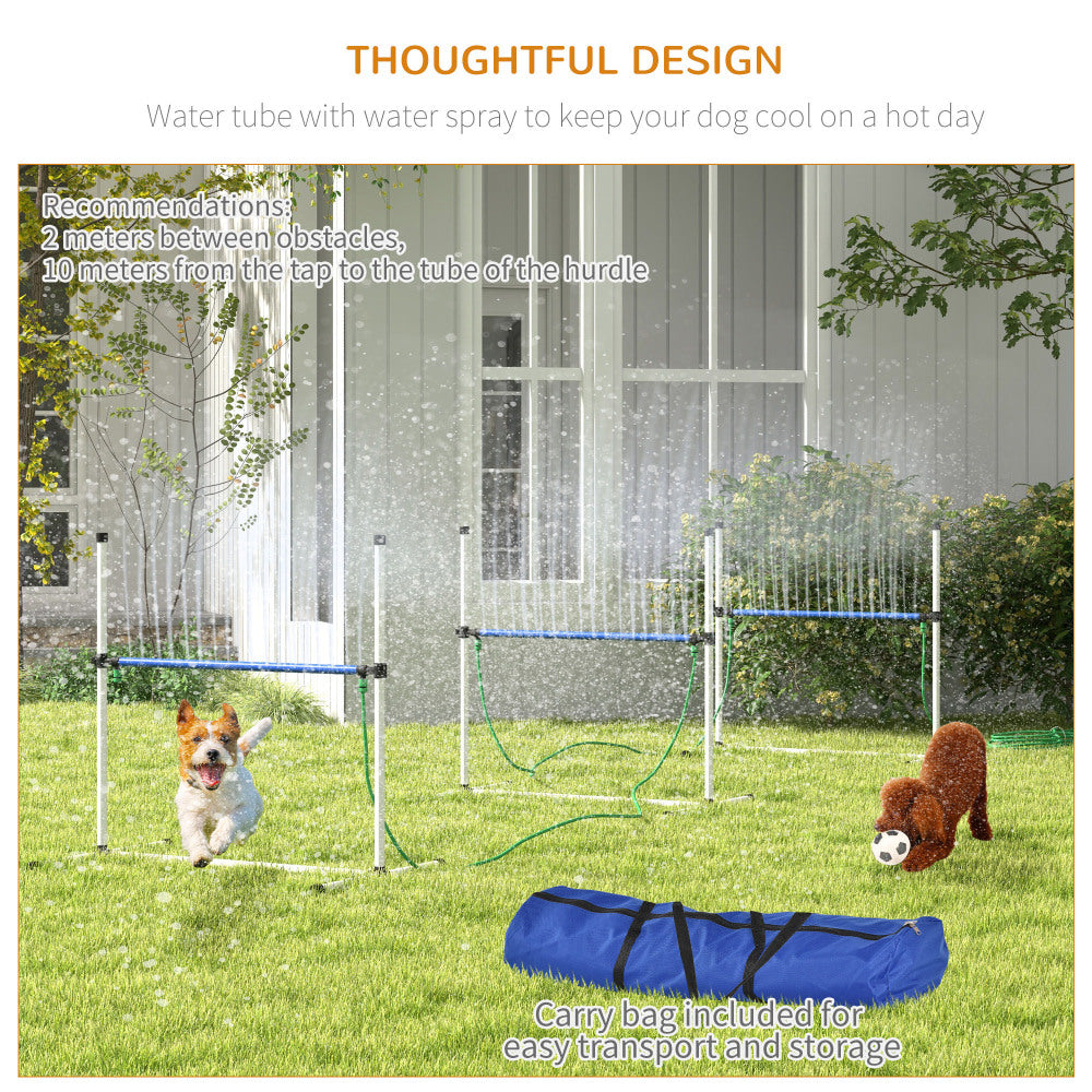 PawHut 3 Piece Dog Agility Training Equipment Set, Dog Agility Set with Adjustable Height Hurdles, Spray Water Tube, Whistle, Carry Bag, White
