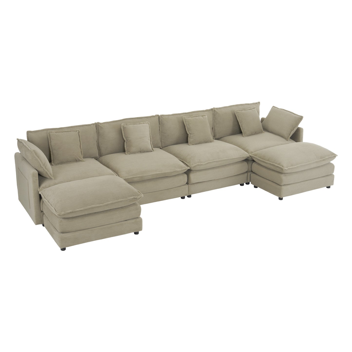 Modern Brown Corduroy Modular Sofa Couch with Side Storage Pockets and Movable Ottoman, 149.6' L-Shape Sectional