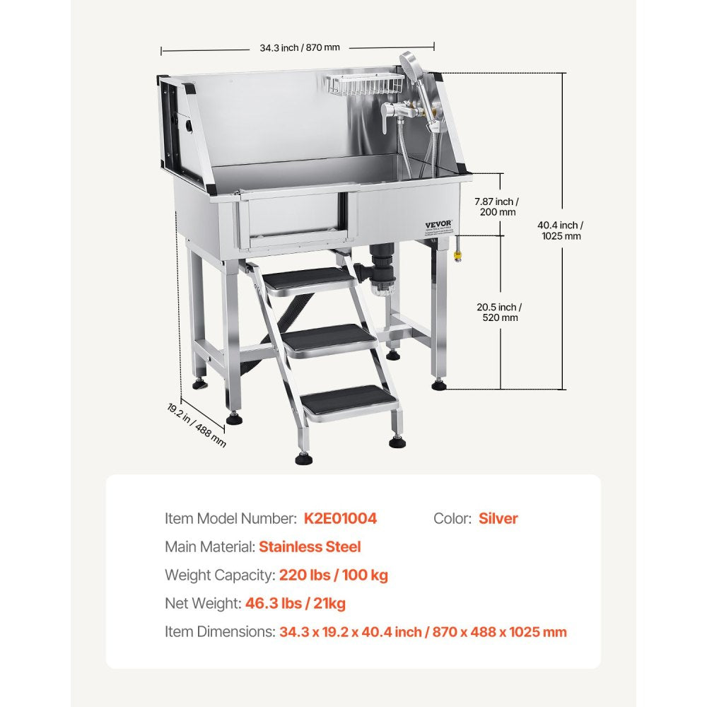 34" Dog Grooming Bath Tub Stainless Steel w Stairs Faucet Left Door