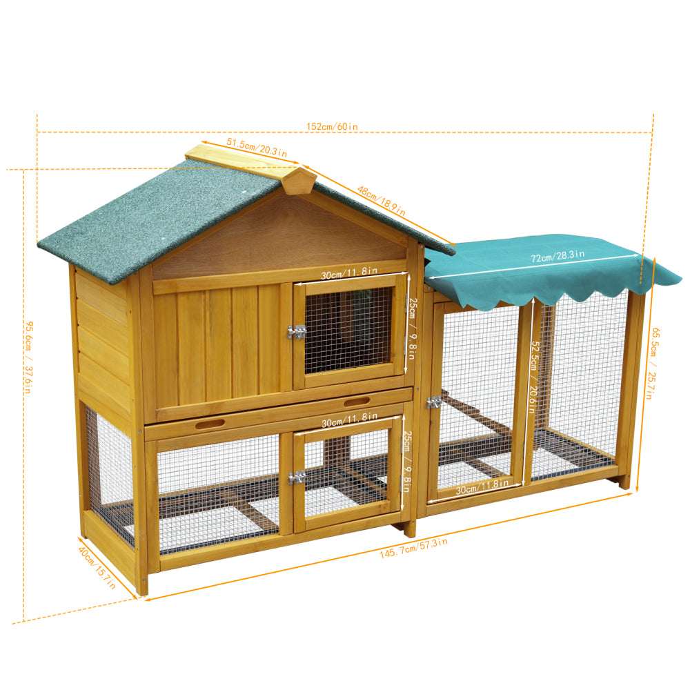 Rabbit Hutch, Indoor Bunny Cage, Outdoor Rabbit Cages with Run, Pet House with Deeper No Leak Tray, UV Panel, Removable Bottom Wire Mesh for Small Animals,Removable waterproof and sun protection cover