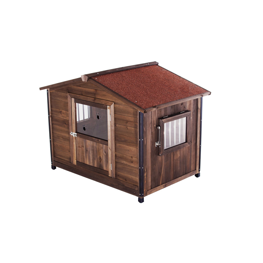 Unique All-Around Iron Frame,Outdoor Large Wooden Cabin House Style Wooden Dog Kennel