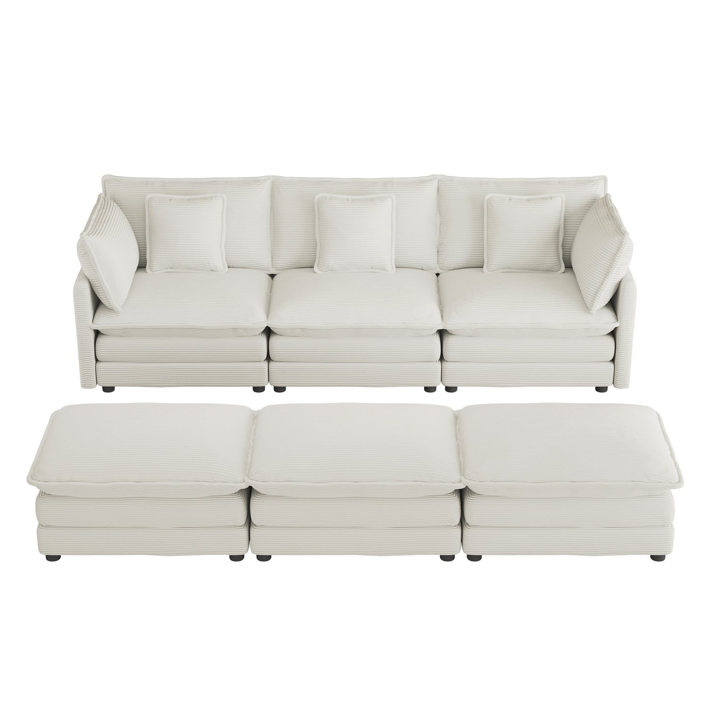 Modern Modular Sofa Couch Upholstered in Corduroy with Side Storage and Movable Ottomans, Beige, 112.6'