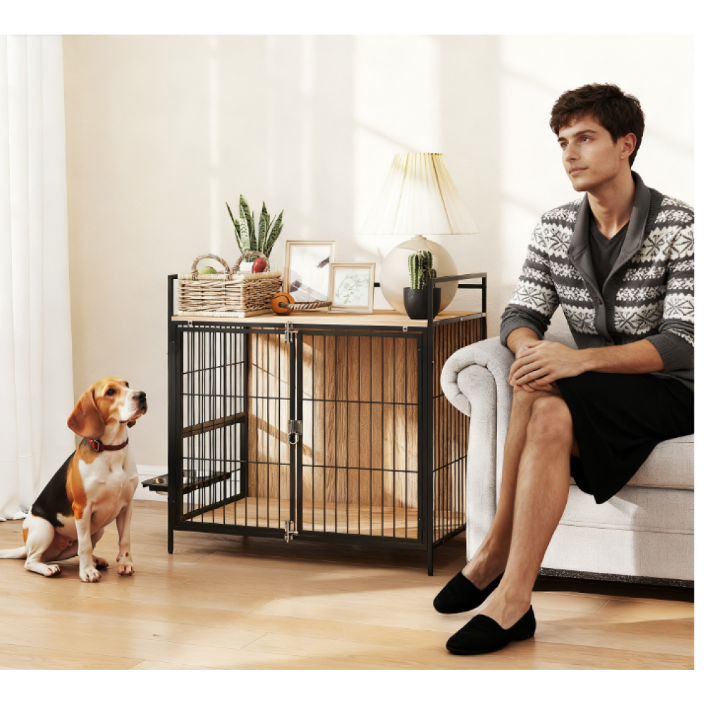 Indoor Pet Kennel Side Table with Rotatable Bowls, 2 Anti-Escape Doors,Oak