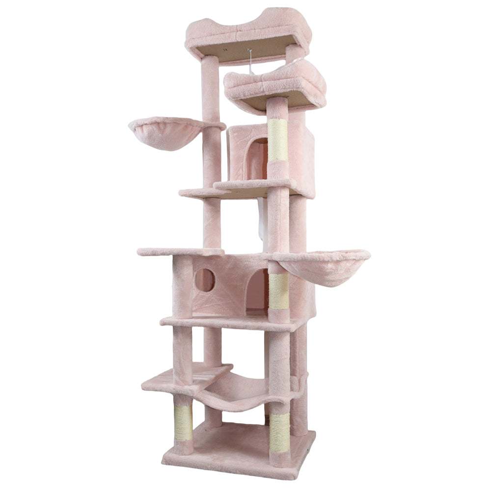 68in Tall Multi-Level Green Cat Tree with Hammocks, Hanging Basket, Cat Cave, Removeable Cushion, Scratching Posts - Plush Cat Tower for Indoor Cats, Perfect for Multiple Cats Pink