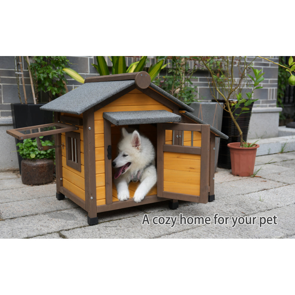 45 Inch Solid Wood Dog House, Cozy Outdoor Shelter for Medium & Small Dogs with Lockable Ventilated Door, Waterproof Insulated Felt Roof & Charming Design