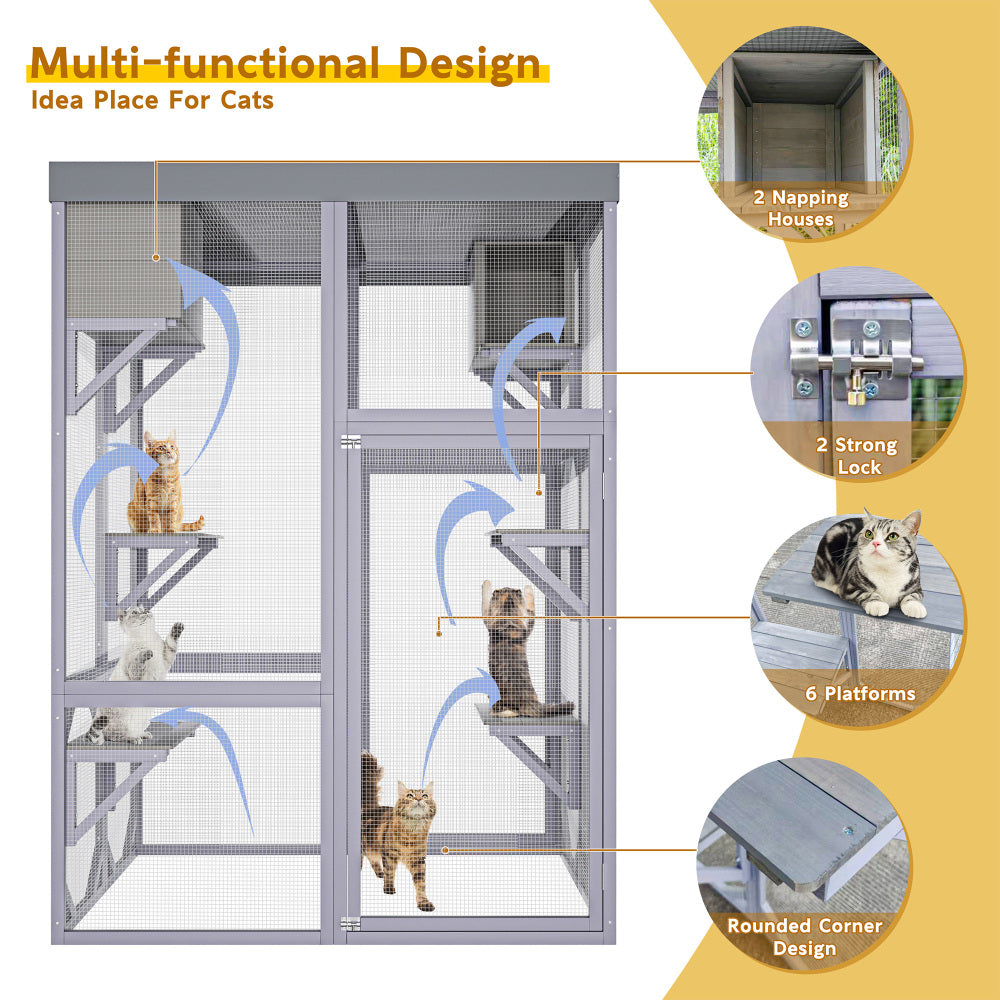 Outdoor Wooden Catio Multi-functional Cat Enclosure, 4 Platforms & 2 Napping Houses, 2 Strong Locks, Rounded Corner Design, Indoor Spacious Cage for Cats to Play Rest