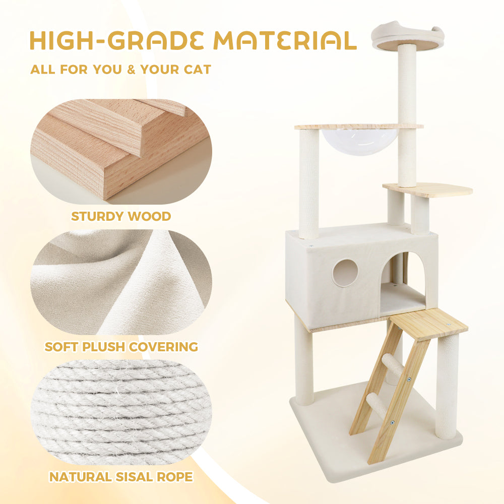 wood cat tree with large condo wood ladder and transparent spacecraft 165cm