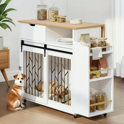 2 IN 1 Modern Dog Crate Kitchen Island With Storage for Small-sized Dogs up to 40lbs, 33.8" L, Cream White Dog Furniture End Table  with Wheels