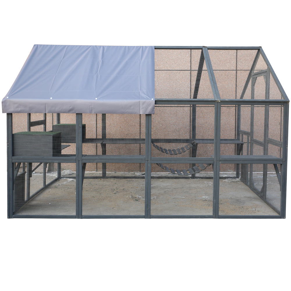 Cat Run Large Cat Enclosure Wooden Cat Catio Outdoor Kitty House with Bridges, Walks, Small Houses, Roof Cover 110 Inch