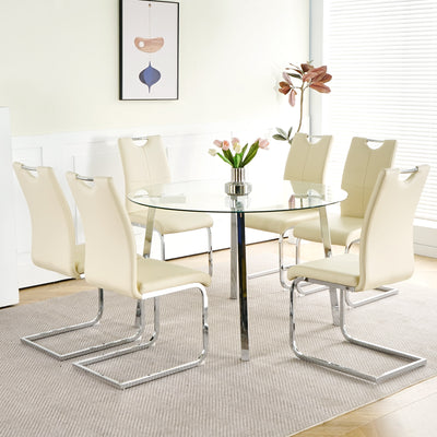 Modern simple table with a glass round table and six chairs. Transparent tempered glass table top, electroplated table legs, bow chair legs (set of 7)