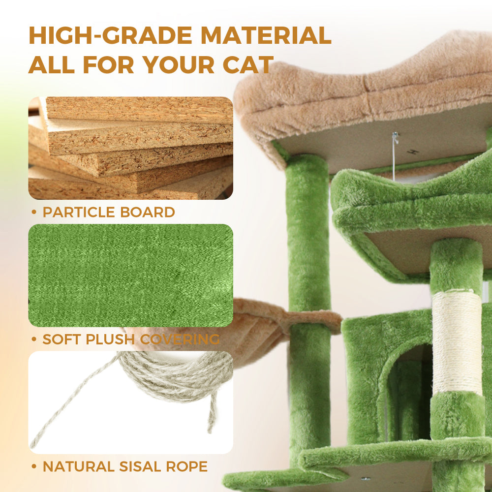68in Tall Multi-Level Green Cat Tree with Hammocks, Hanging Basket, Cat Cave, Removeable Cushion, Scratching Posts - Plush Cat Tower for Indoor Cats, Perfect for Multiple Cats Green