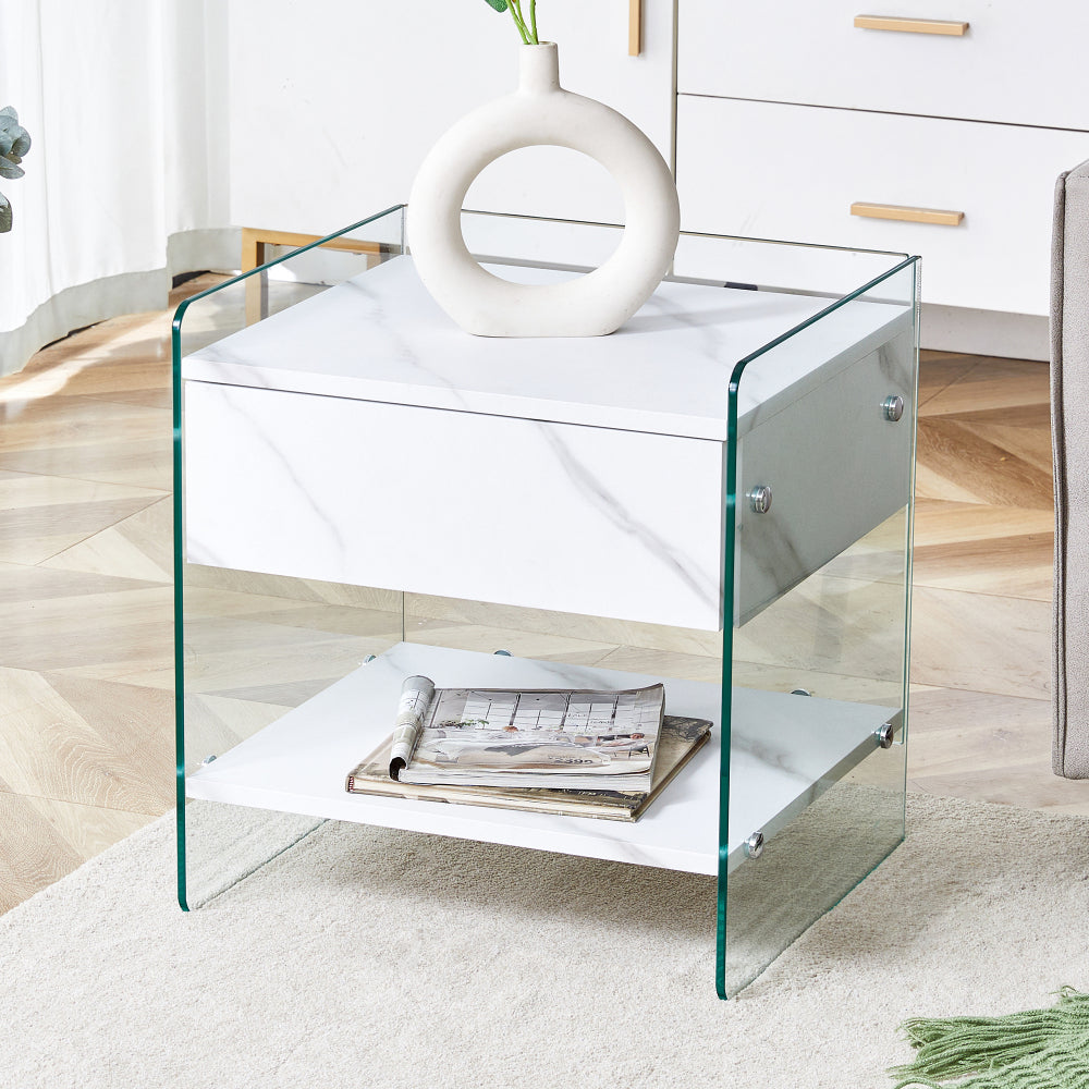 SunJet Bedside table with drawers. The board surface is MDF sticker, and both sides are transparent tempered glass. The design is simple and elegant, with excellent storage functions.