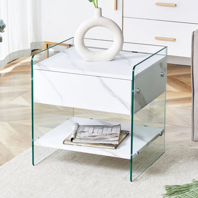 SunJet Bedside table with drawers. The board surface is MDF sticker, and both sides are transparent tempered glass. The design is simple and elegant, with excellent storage functions.