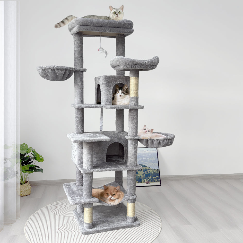 68in Tall Multi-Level Green Cat Tree with Hammocks, Hanging Basket, Cat Cave, Removeable Cushion, Scratching Posts - Plush Cat Tower for Indoor Cats, Perfect for Multiple Cats Green