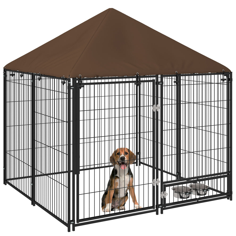 PawHut Outside Dog Kennel, 4.6' x 4.6' x 5' Puppy Play Pen with Canopy, Garden Playpen Fence Crate Enclosure Cage Rotating Bowl, Black