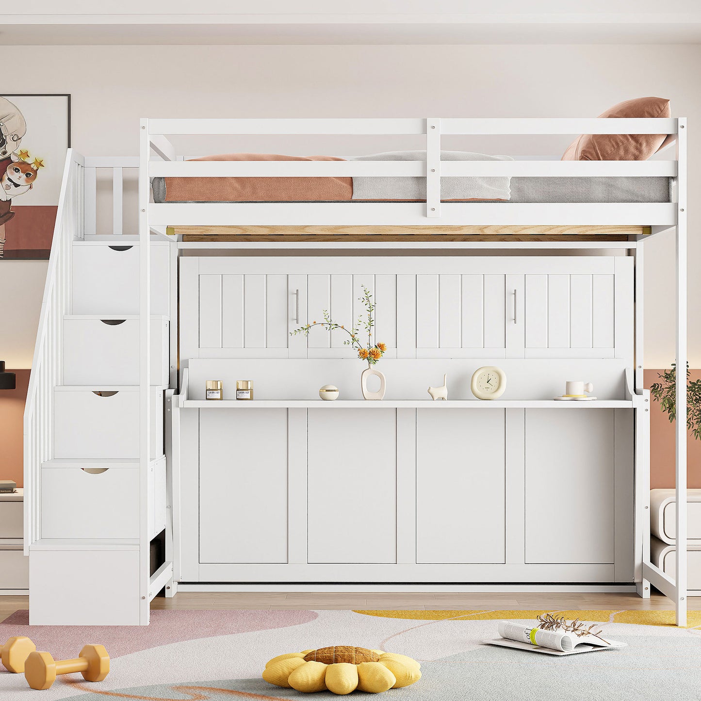 Full Over Full Size Murphy Bed with Hydraulic Lift & Desk Design, White