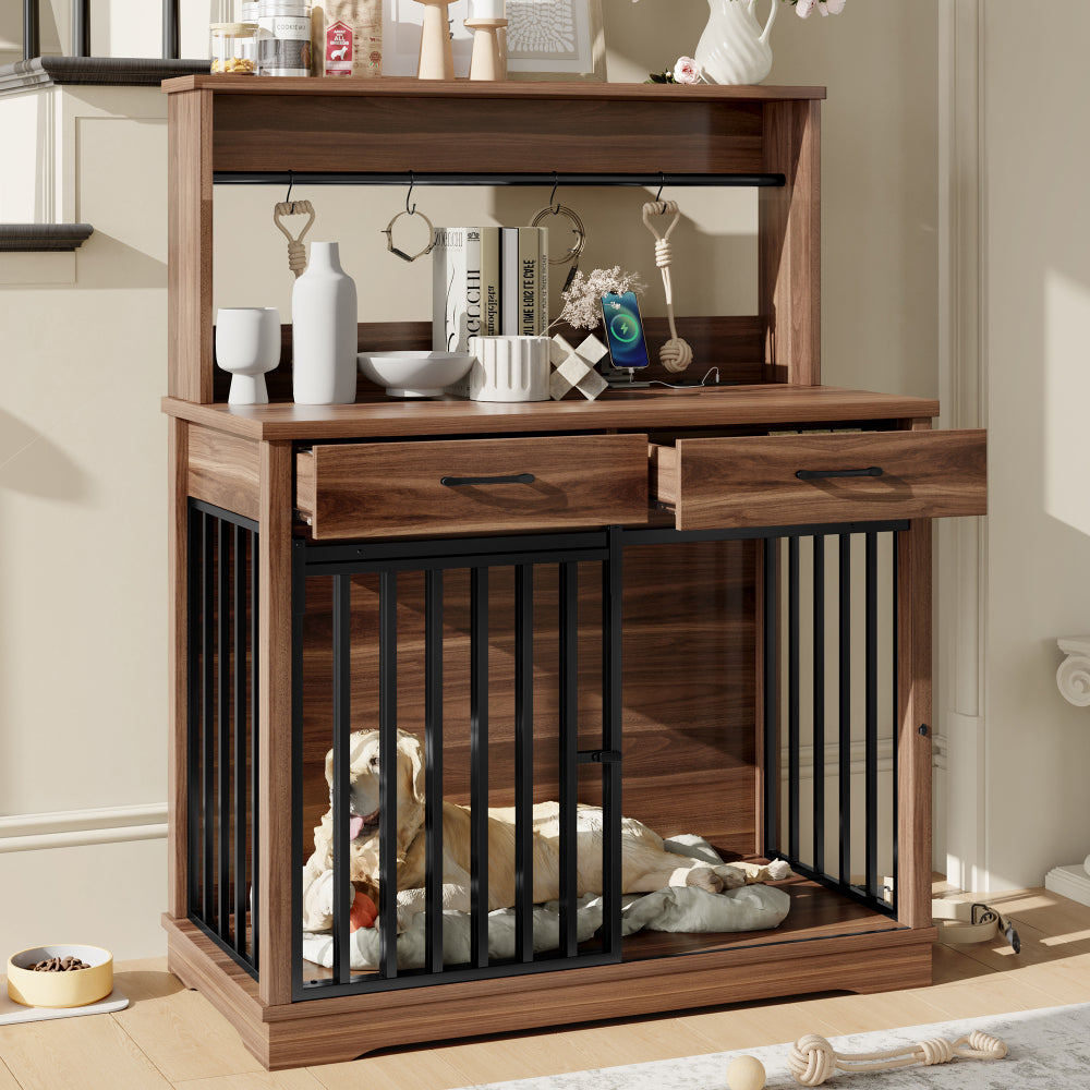 38" Dog Crate Furniture, Heavy Duty Dog Cage Table with 2 Storage Drawers and Shelves, Side End Table with Sliding Door for Dogs Indoor, Brown