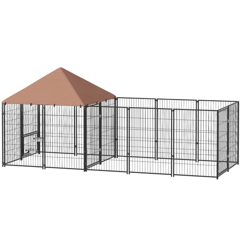 Large Outdoor Dog Kennel with Rotating & Adjustable Height Bowls, Waterproof & UV-Resistant Canopy, Coffee