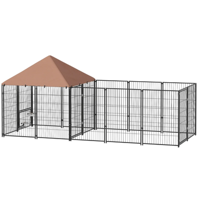 Large Outdoor Dog Kennel with Rotating & Adjustable Height Bowls, Waterproof & UV-Resistant Canopy, Coffee